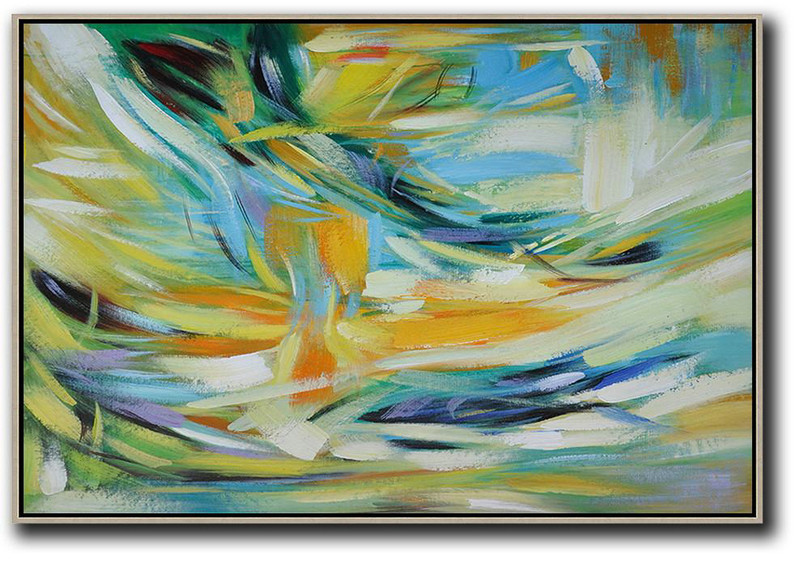 Oversized Horizontal Contemporary Art,Textured Painting Canvas Art,Yellow,Light Blue,Green,White